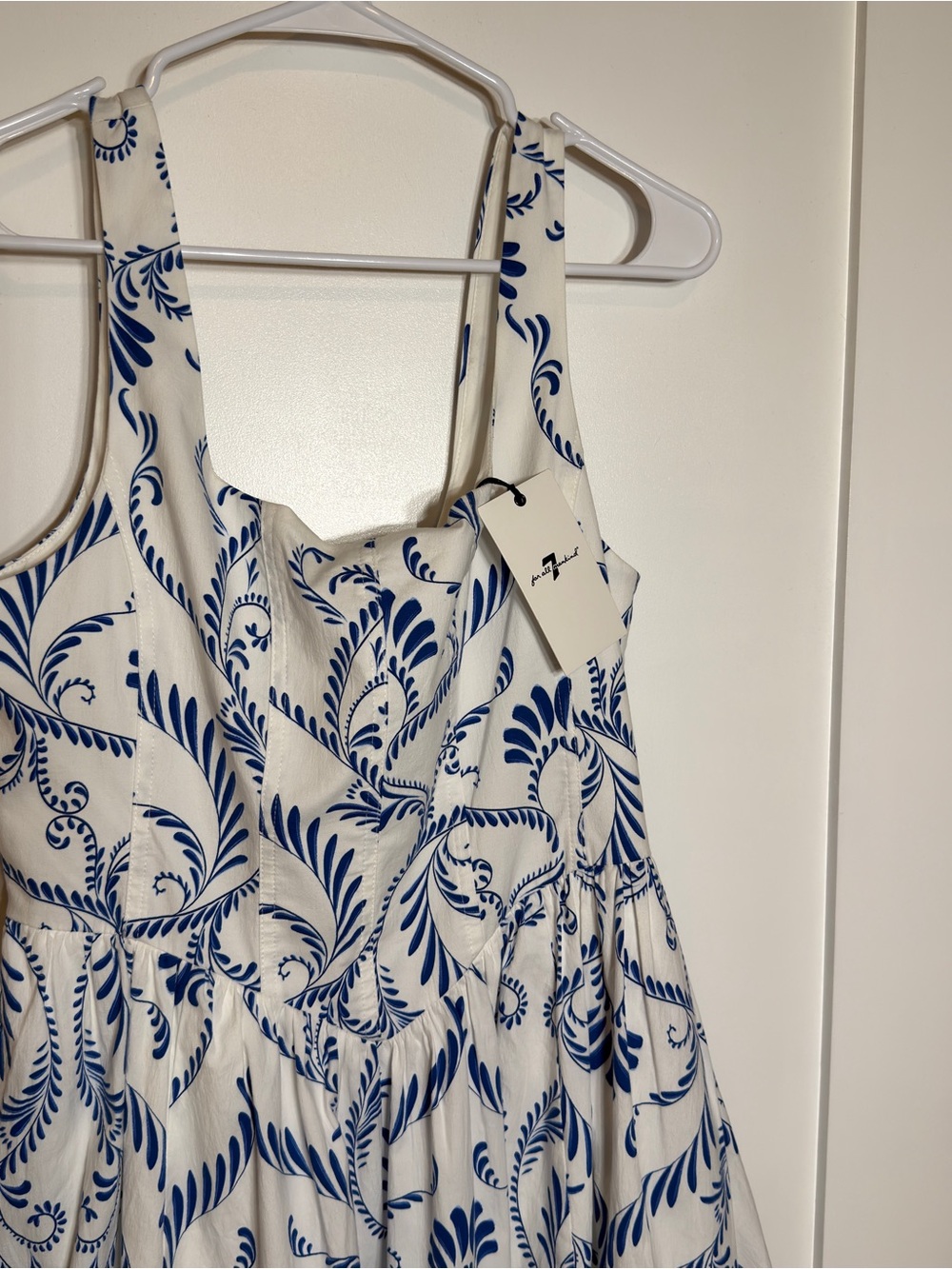 7 For All Mankind White/Blue Floral Square Neck A-Line Midi Zip Dress 10 NWT - Picture 4 of 14